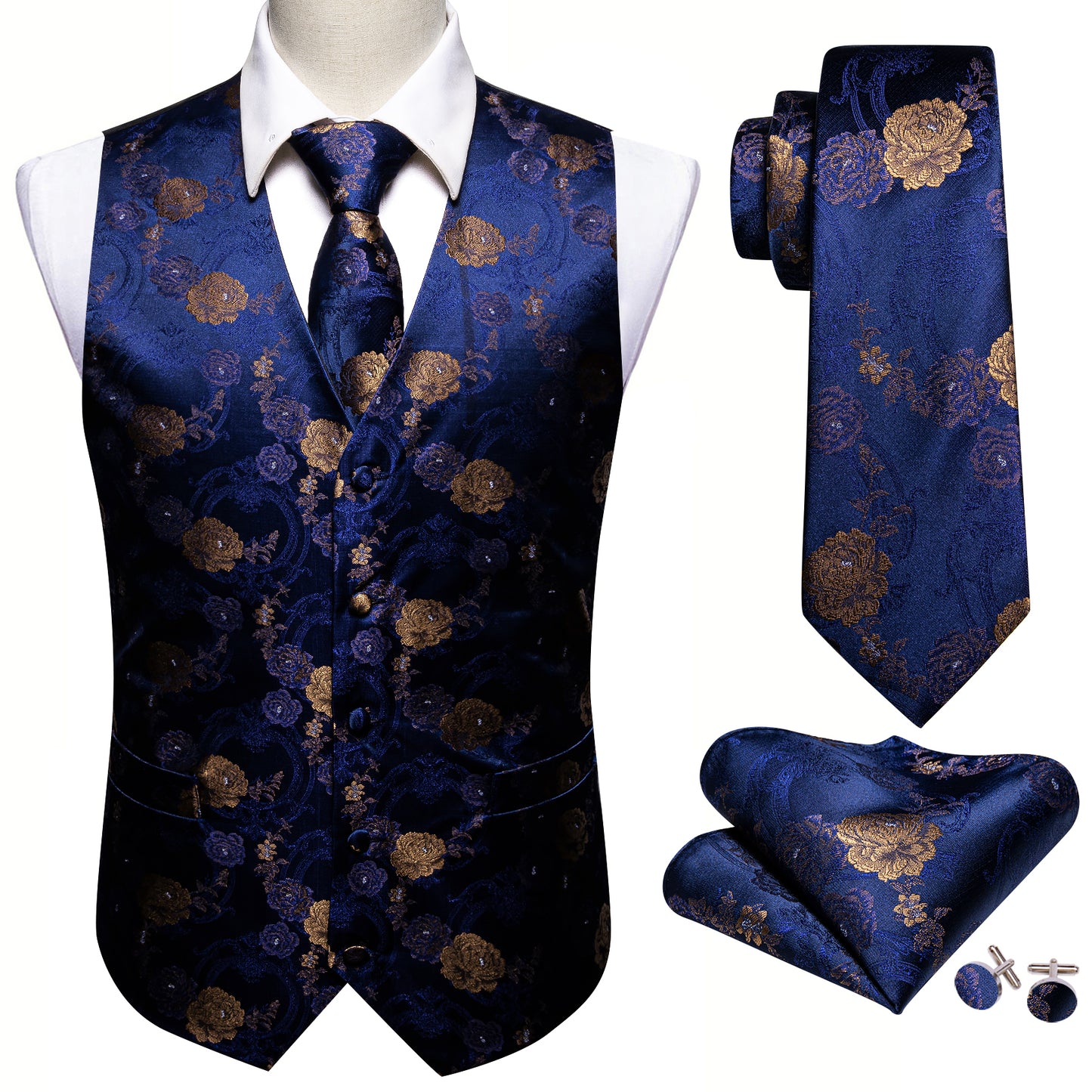 Designer Floral Waistcoat Silky Novelty Vest Paisley Garden Blue