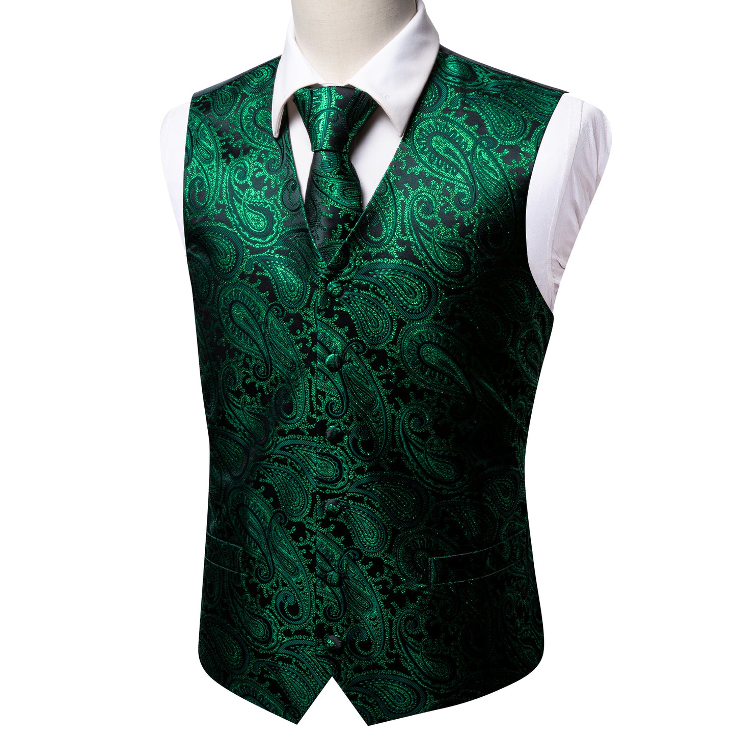 Designer Paisley Waistcoat Silky Novelty Vest Whales Forest Green