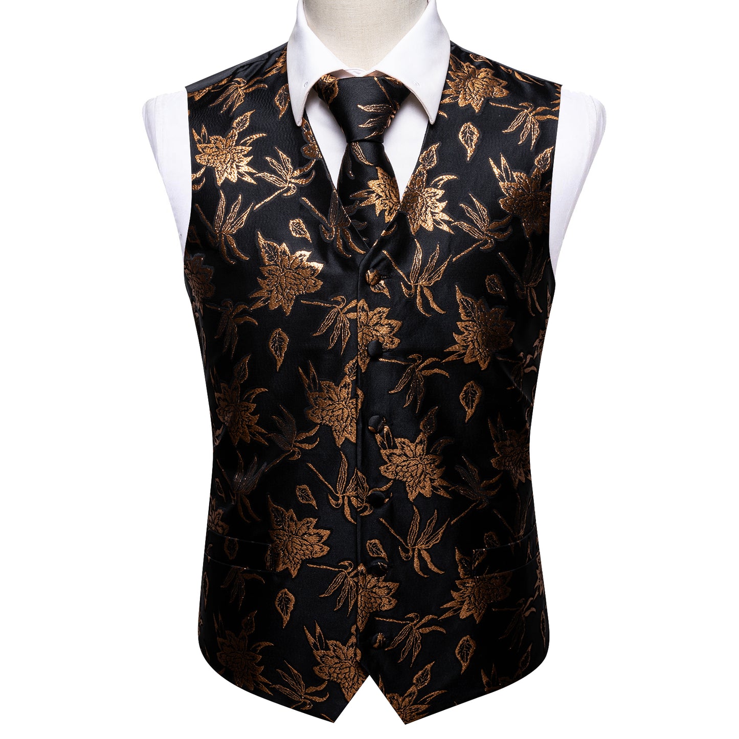Designer Floral Waistcoat Silky Novelty Vest Bronze Black Bamboo
