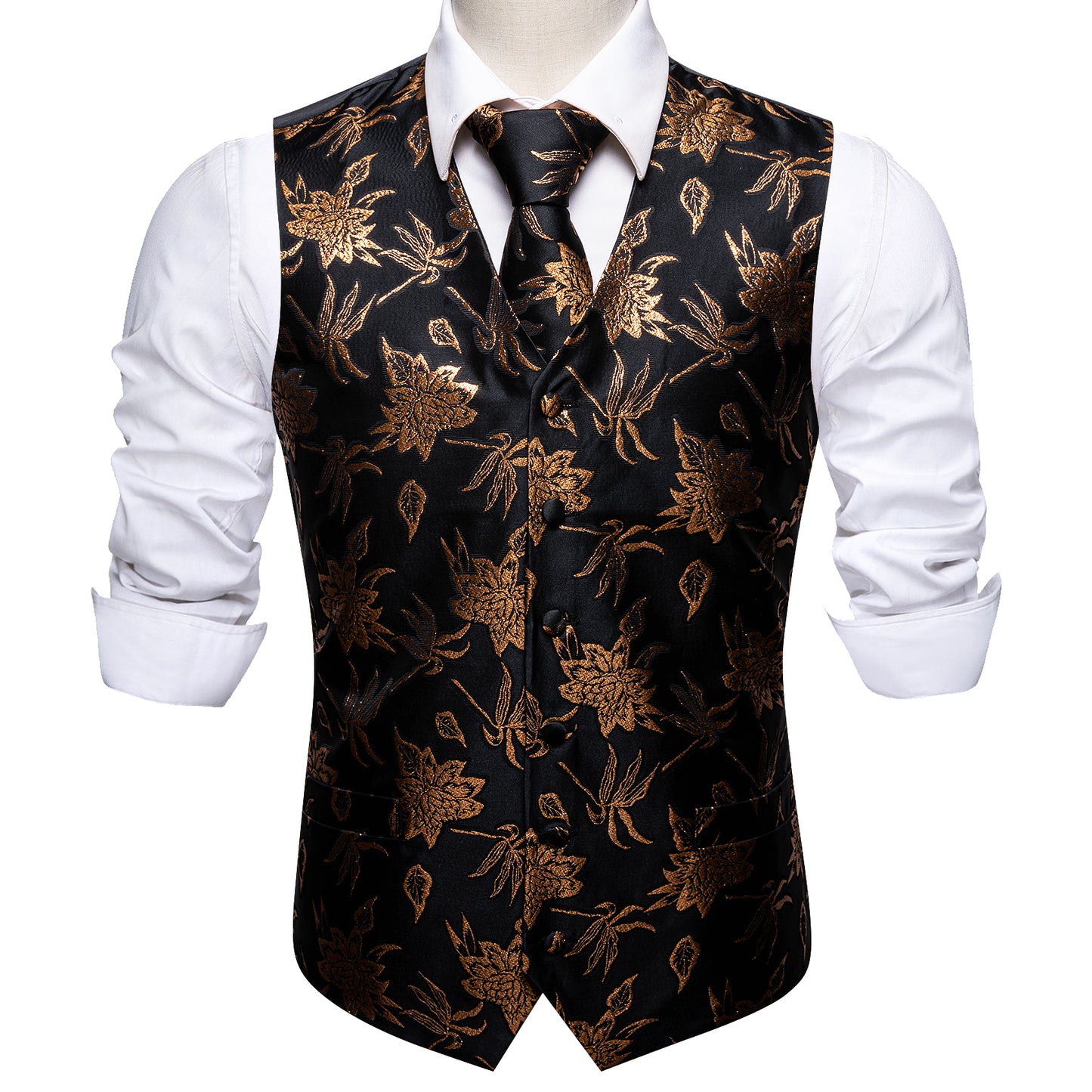 Designer Floral Waistcoat Silky Novelty Vest Bronze Black Bamboo