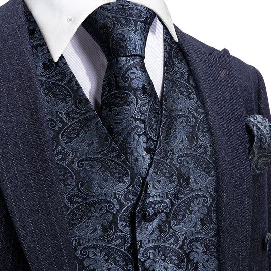 Blue Floral Paisley Waistcoat Buy 1 Get 1 Free Random Design in Your Size Men Paisley Tie hanky Set with Floral Pocket Square