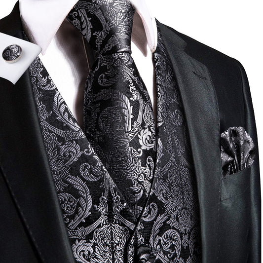 Designer Floral Waistcoat Silky Novelty Paisley Damask Black