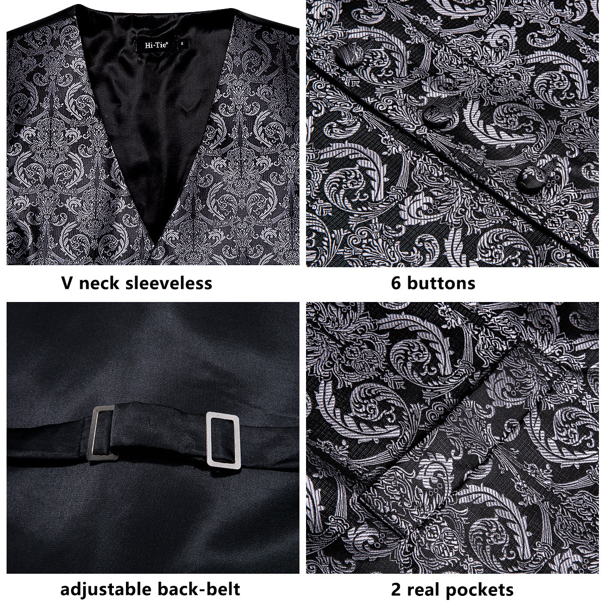 Designer Floral Waistcoat Silky Novelty Paisley Damask Black