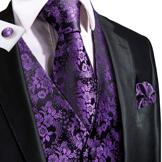 Designer Floral Waistcoat Silky Novelty Purple Garden
