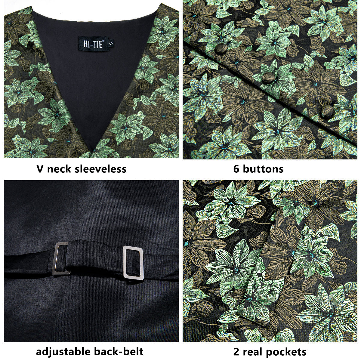 Designer Floral Waistcoat Silky Novelty Vest Maple Mint