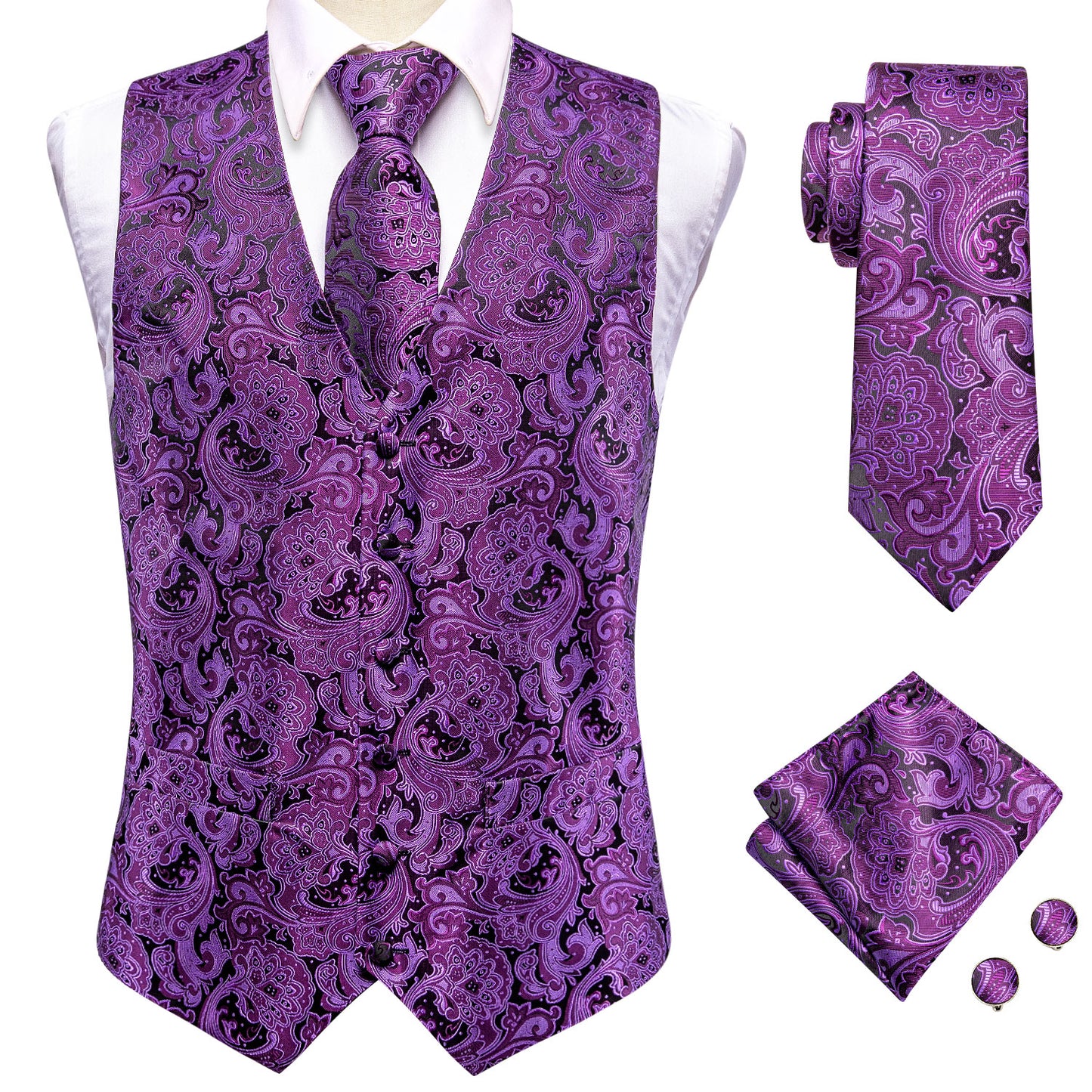 Men's Designer Waistcoat Vintage Vest Silky Set Tuxedo Gilet DP Violet