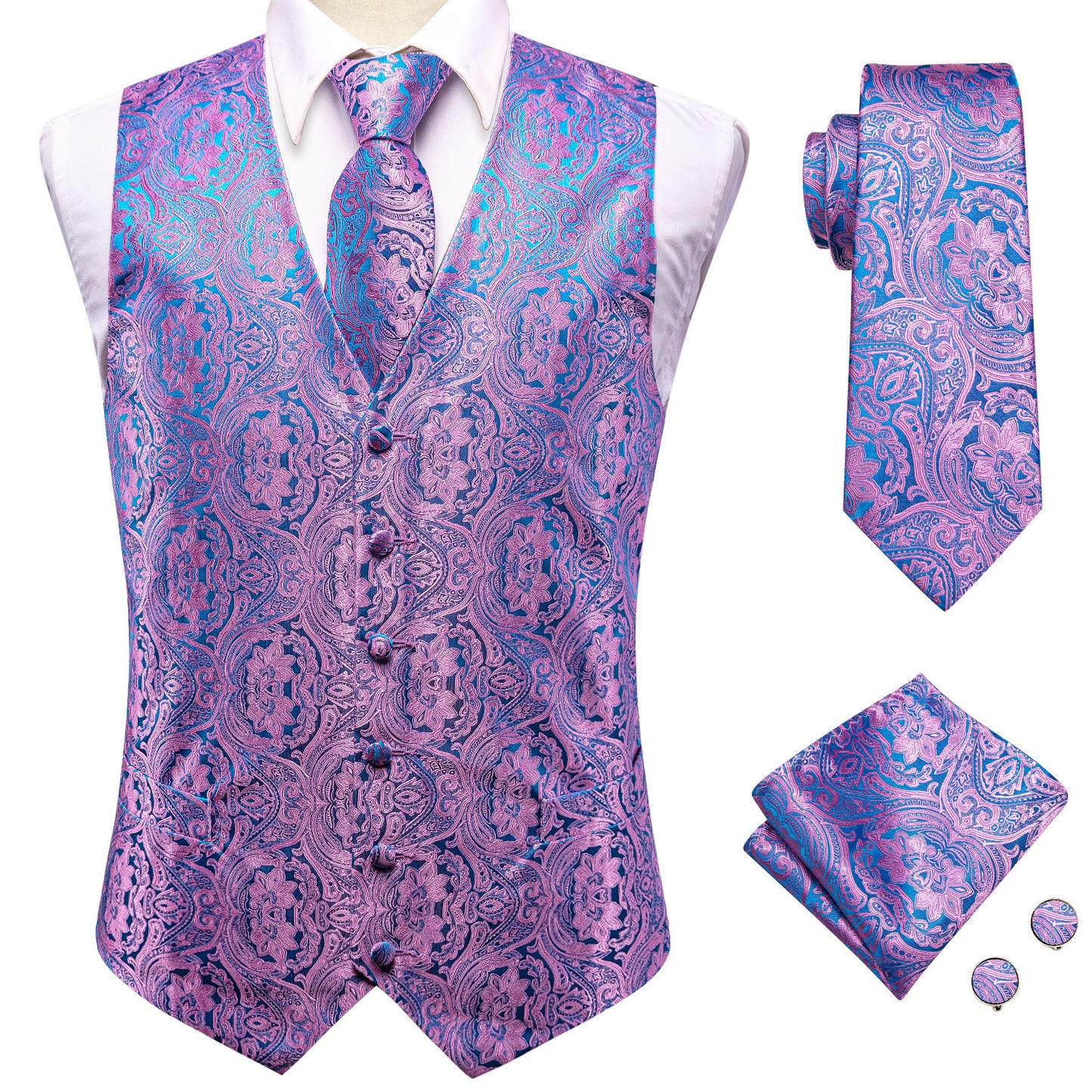 Men's Designer Waistcoat Vintage Vest Silky Set Tuxedo Gilet Orchid Palace