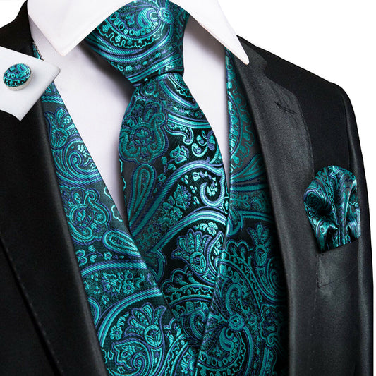 Men's Designer Waistcoat Vintage Vest Silky Set Tuxedo Gilet AS Turquoise