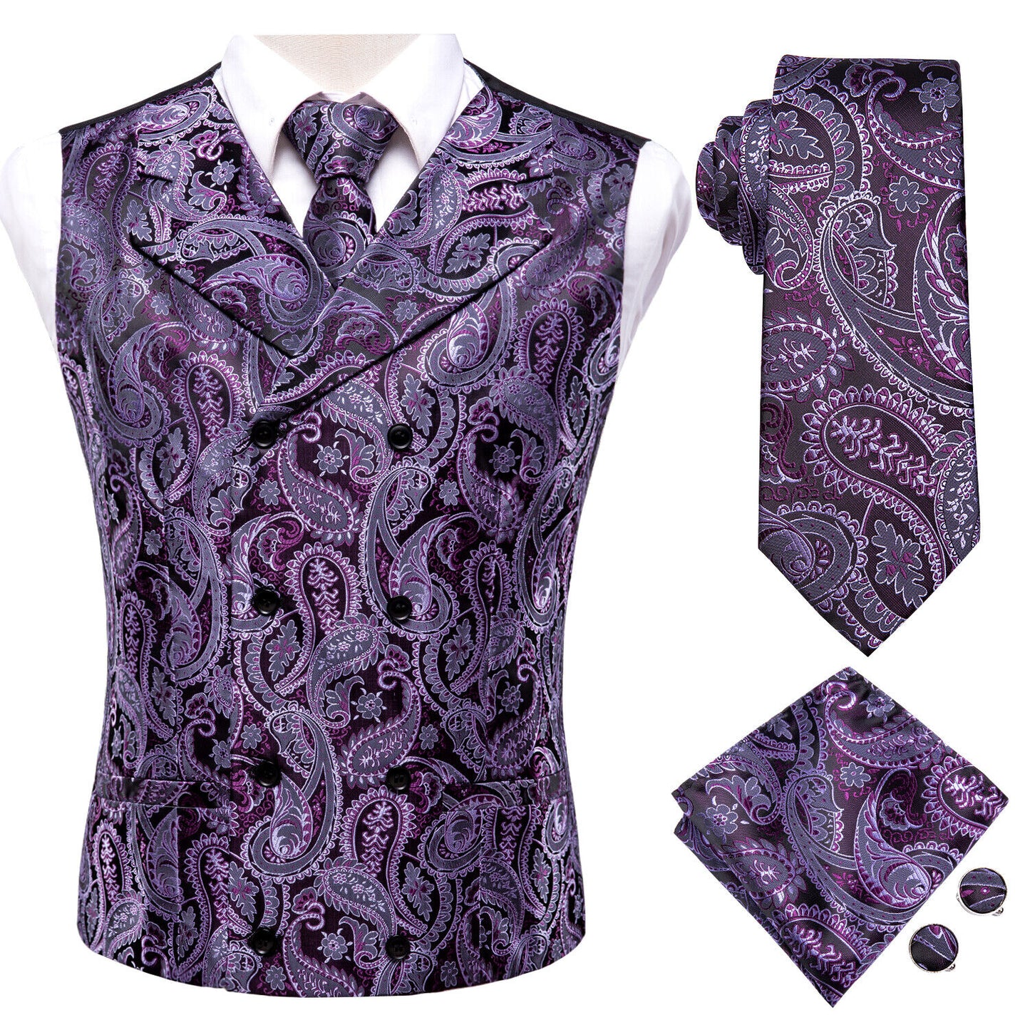 Men's Double Breasted Waistcoat Vintage Vest Silky Set Tuxedo Gilet DB Raisin