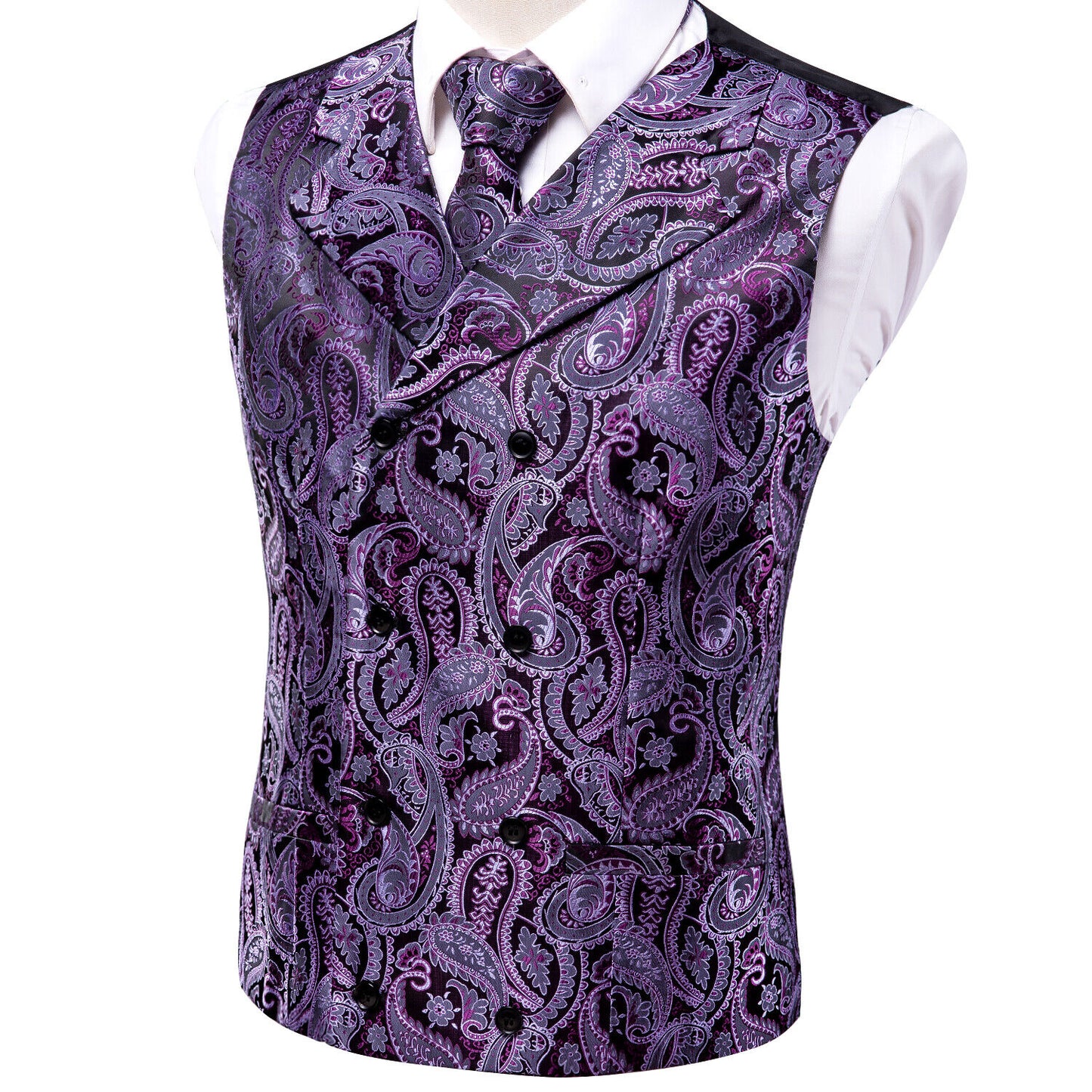 Men's Double Breasted Waistcoat Vintage Vest Silky Set Tuxedo Gilet DB Raisin