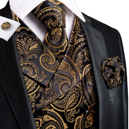 Men's Double Breasted Waistcoat Vintage Vest Silky Set Tuxedo Gilet DB Gold