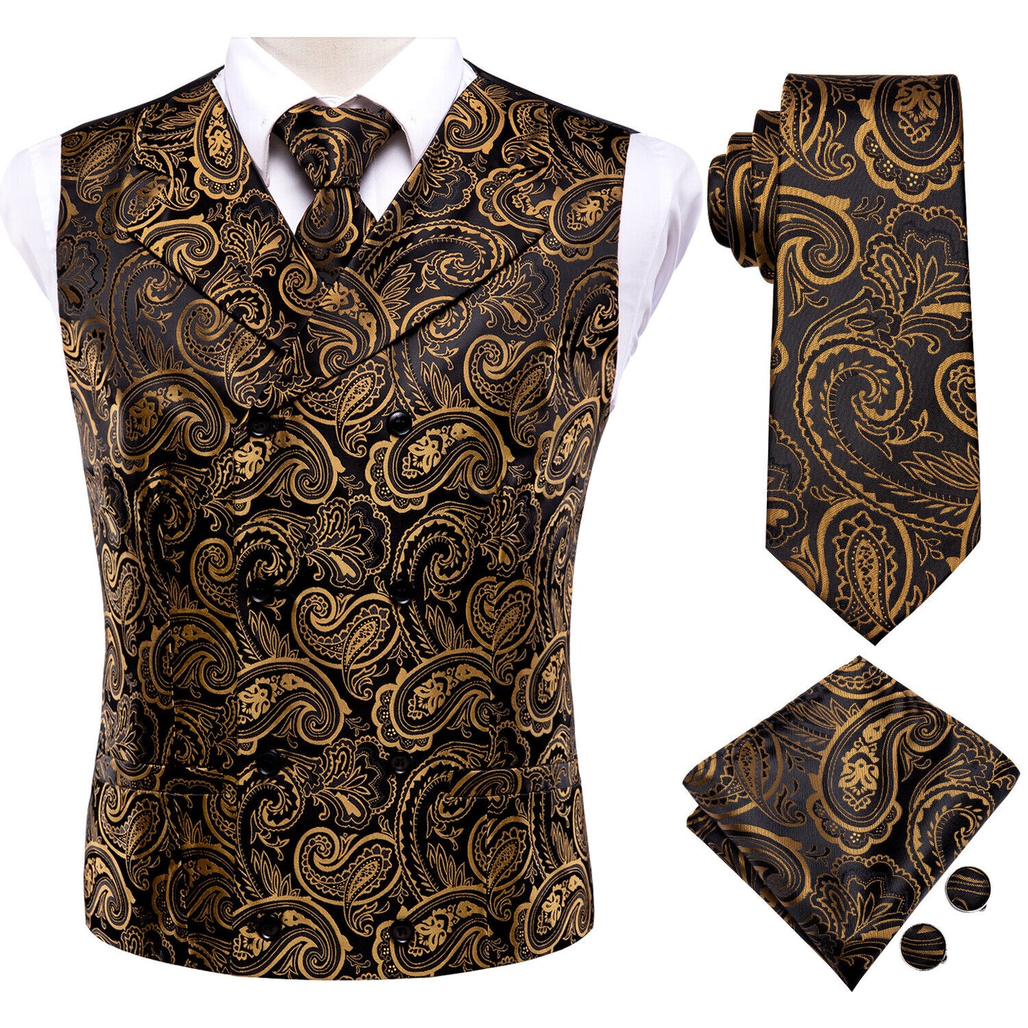 Men's Double Breasted Waistcoat Vintage Vest Silky Set Tuxedo Gilet DB Gold