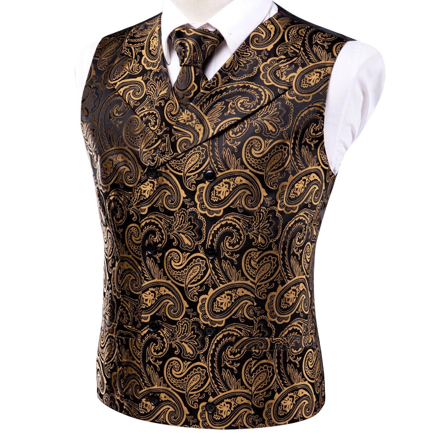 Men's Double Breasted Waistcoat Vintage Vest Silky Set Tuxedo Gilet DB Gold