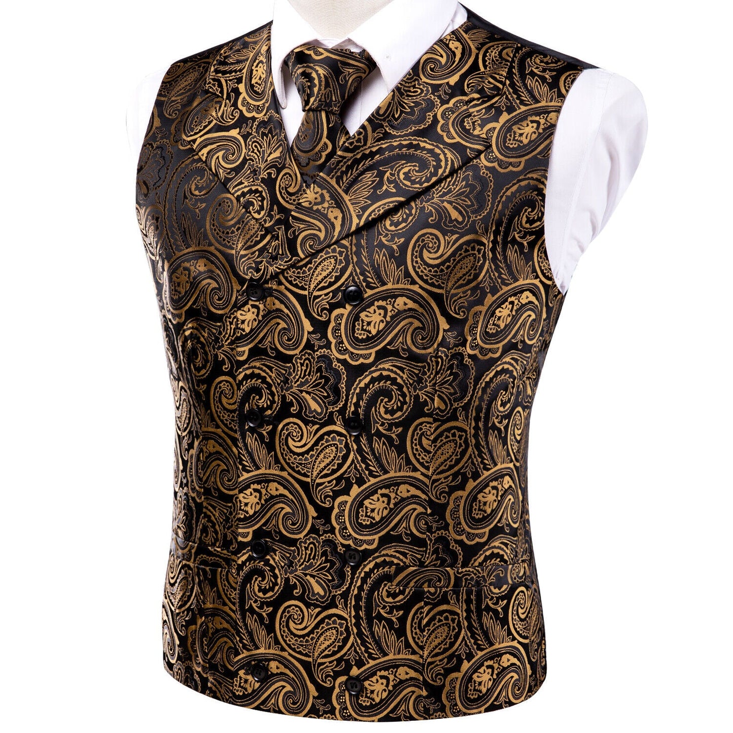 Victorian Waistcoat Novelty Vintage Silky Vest Double Breasted Gold