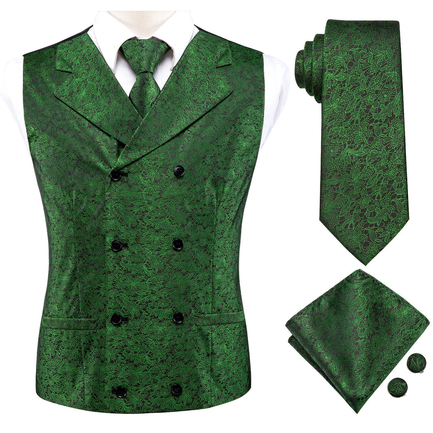 Men's Double Breasted Waistcoat Vintage Vest Silky Set Tuxedo Gilet DB Basil