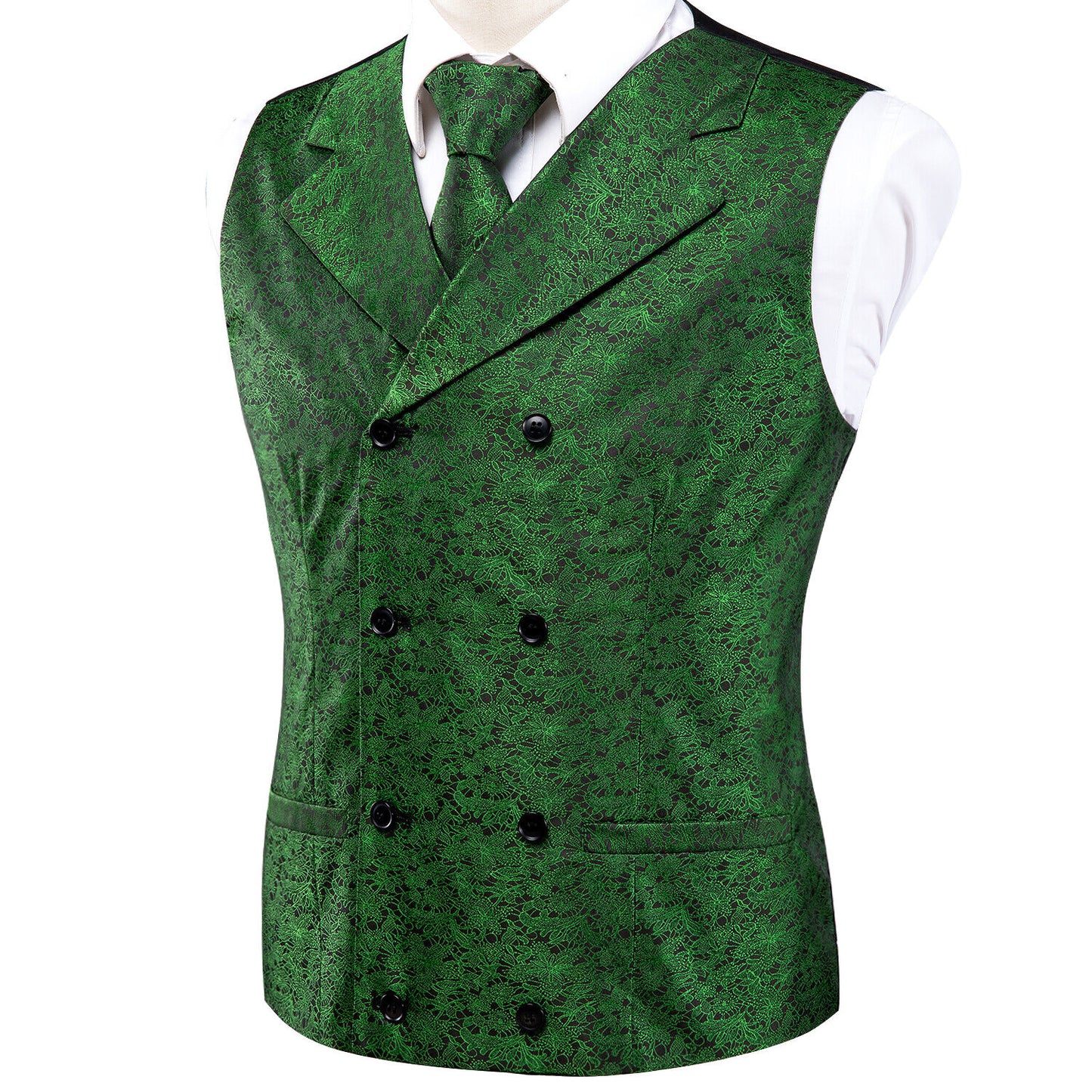 Men's Double Breasted Waistcoat Vintage Vest Silky Set Tuxedo Gilet DB Basil