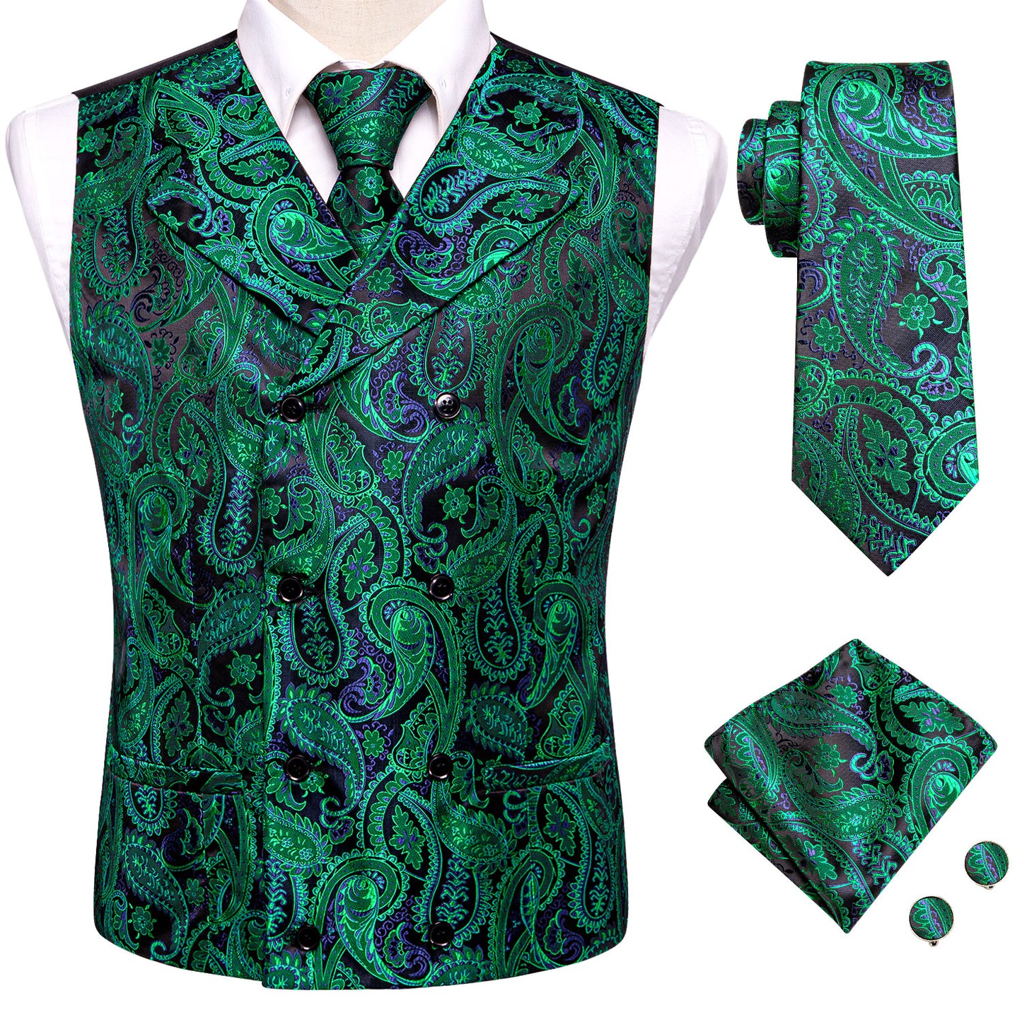 Men's Double Breasted Waistcoat Vintage Vest Silky Set Tuxedo Gilet DB Juniper