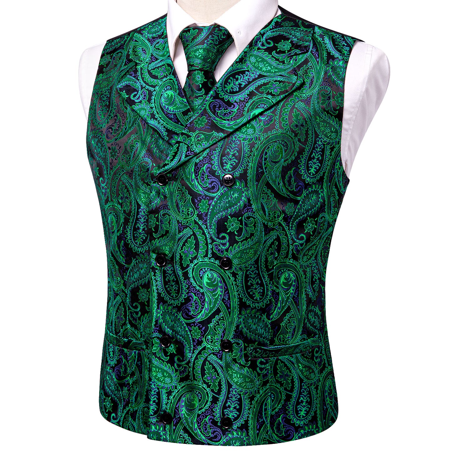 Men's Double Breasted Waistcoat Vintage Vest Silky Set Tuxedo Gilet DB Juniper