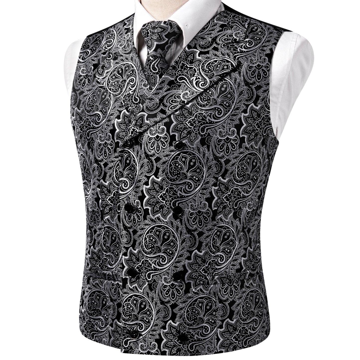 Men's Double Breasted Waistcoat Vintage Vest Silky Set Tuxedo Gilet DB Coal