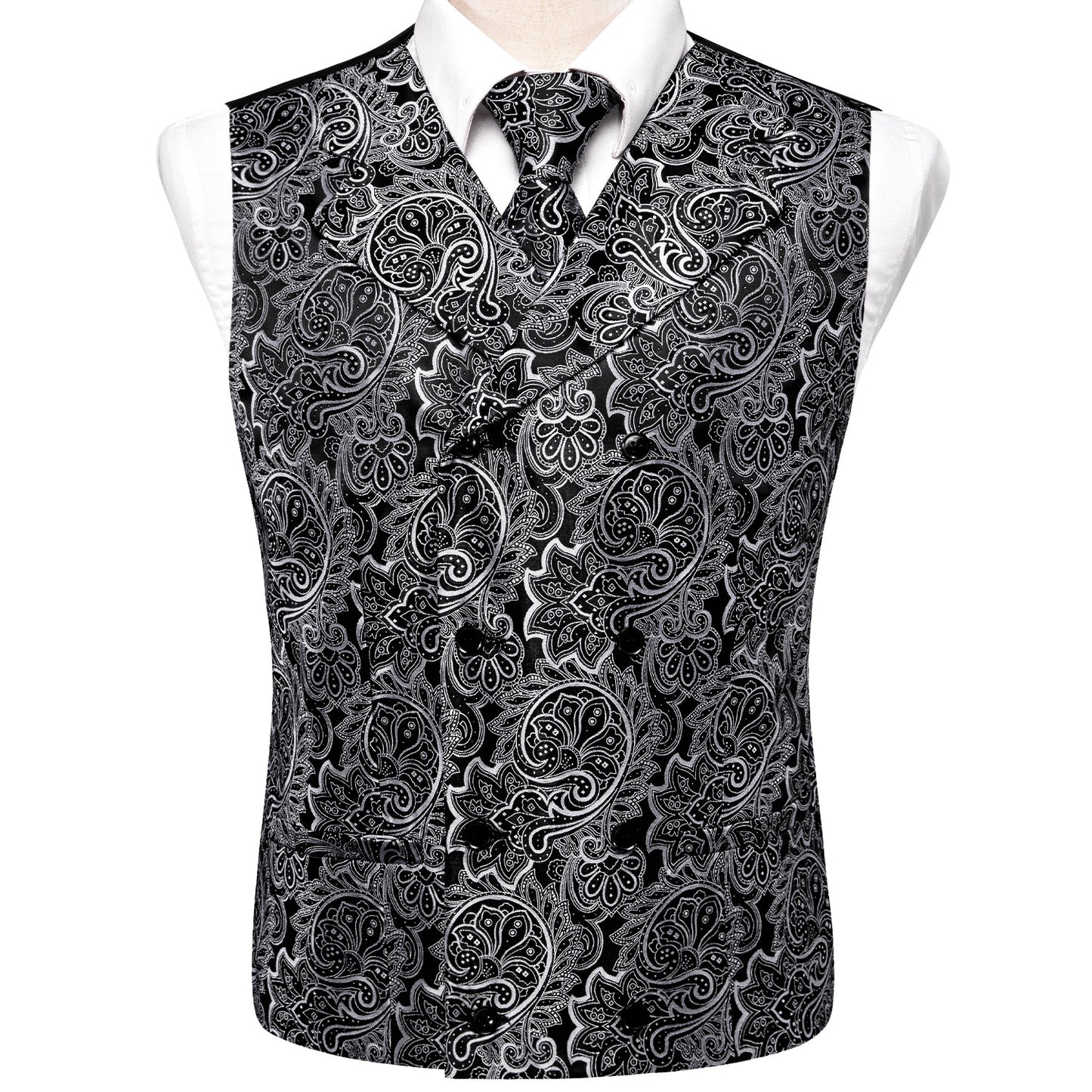 Men's Double Breasted Waistcoat Vintage Vest Silky Set Tuxedo Gilet DB Coal