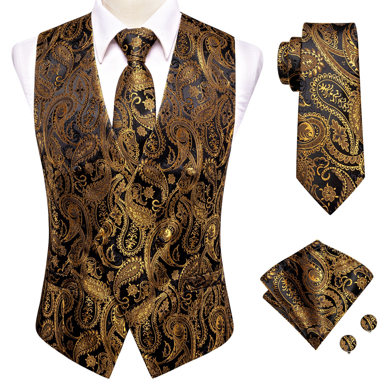 Men's Designer Waistcoat Vintage Vest Silky Set Tuxedo Gilet AS Gold