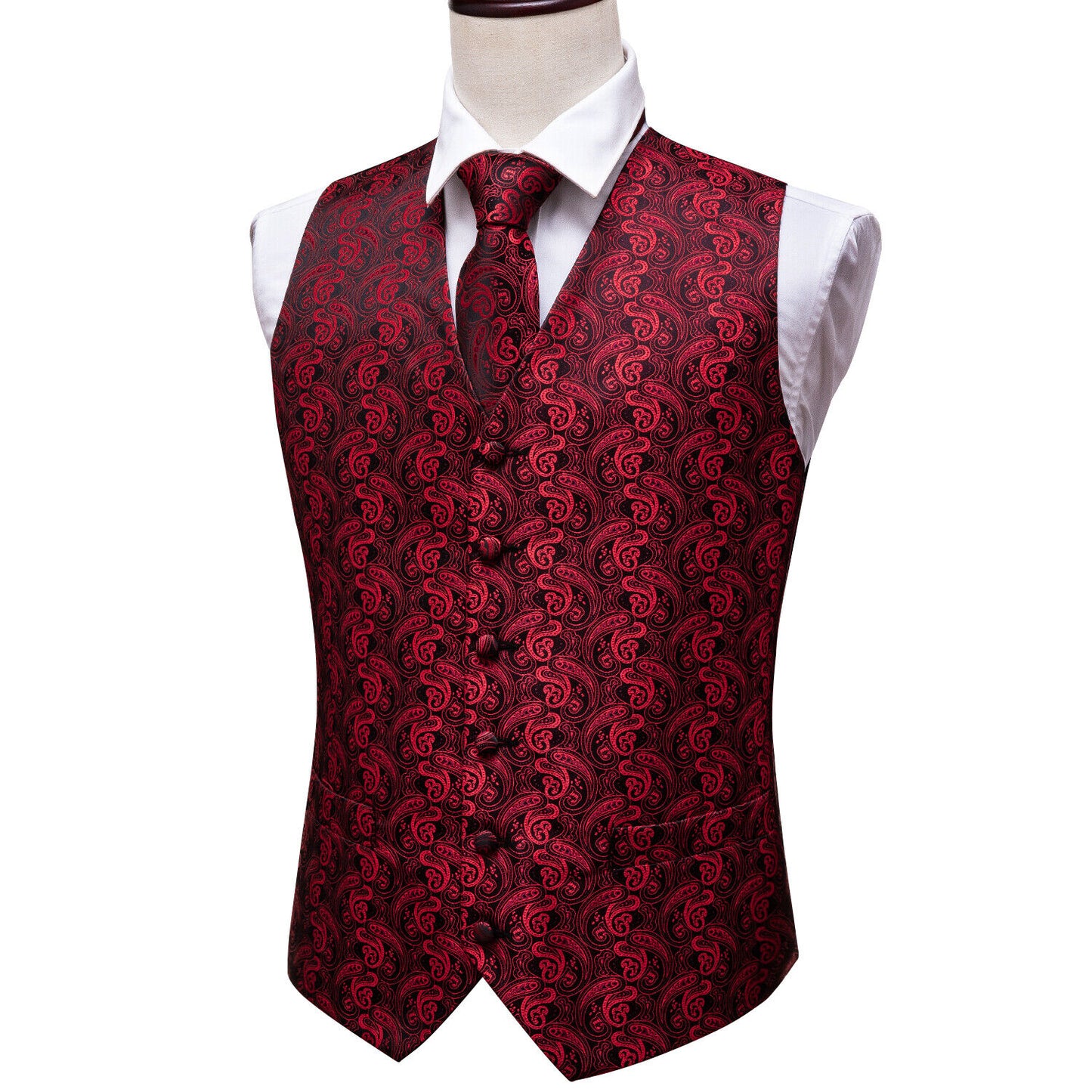 Designer Floral Waistcoat Silky Novelty Vest Paisley Red