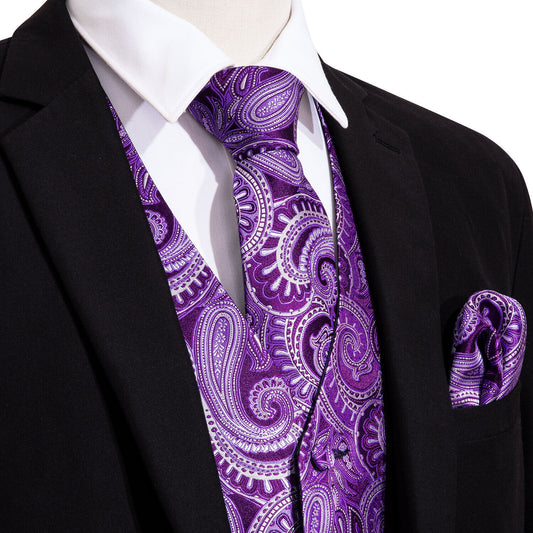 Designer Floral Waistcoat Silky Novelty Vest Paisley Violet