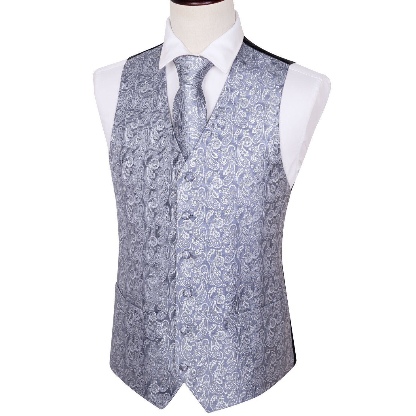 Designer Floral Waistcoat Silky Novelty Vest Paisley Steel