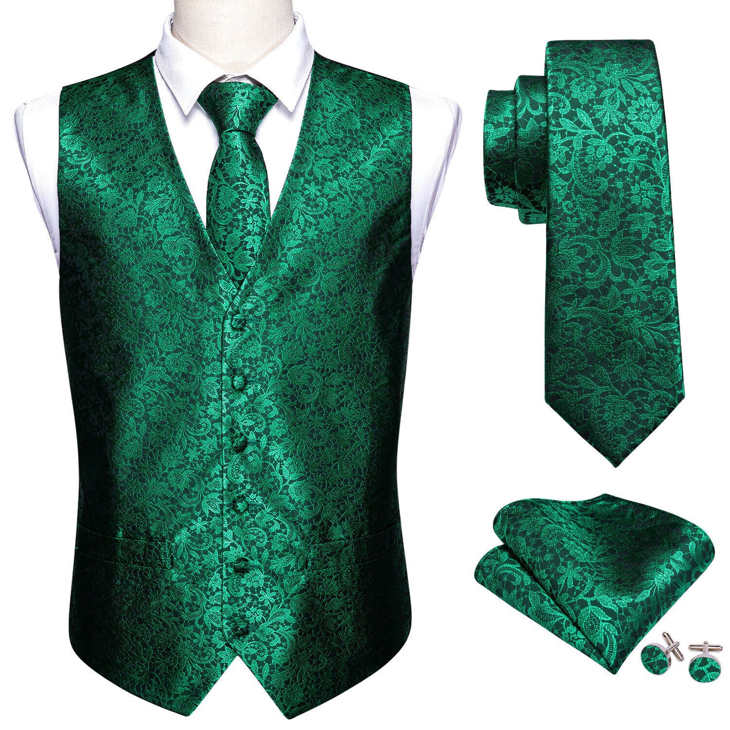 Men's Designer Waistcoat Vintage Vest Silky Set Tuxedo Gilet Daisy Greens