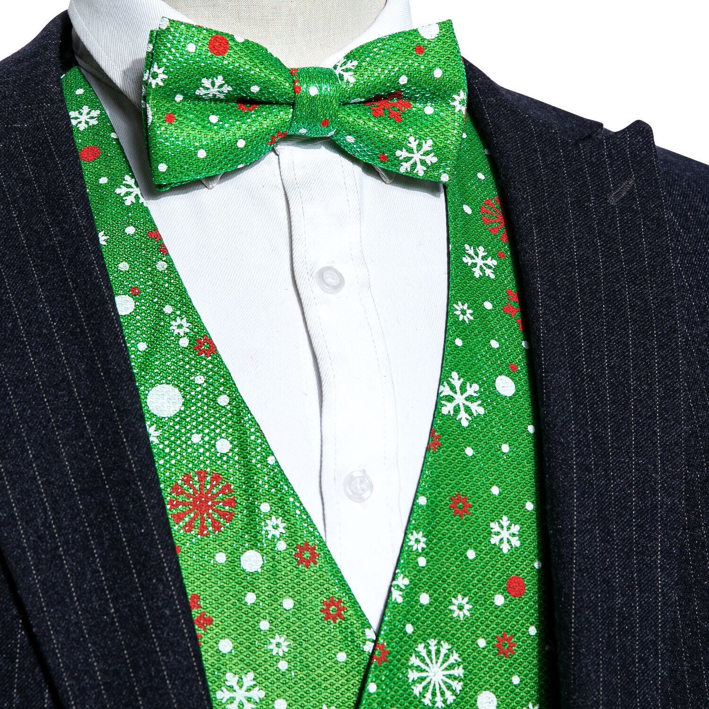 Men's Christmas Waistcoat Vest Set Bowtie Snowflakes Green