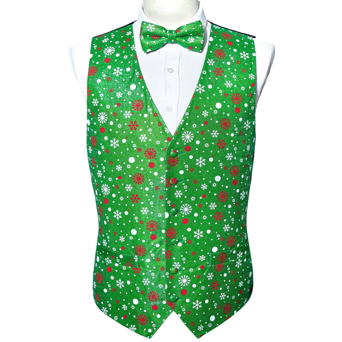 Men's Christmas Waistcoat Vintage Vest Silky Set Tuxedo Gilet Snowflakes Green