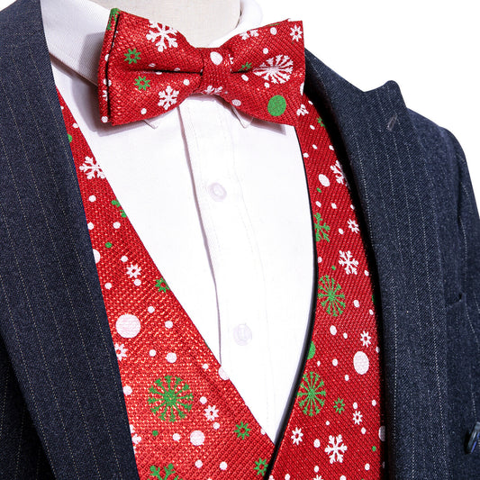 Men's Christmas Waistcoat Vintage Vest Silky Set Tuxedo Gilet Snowflakes Red