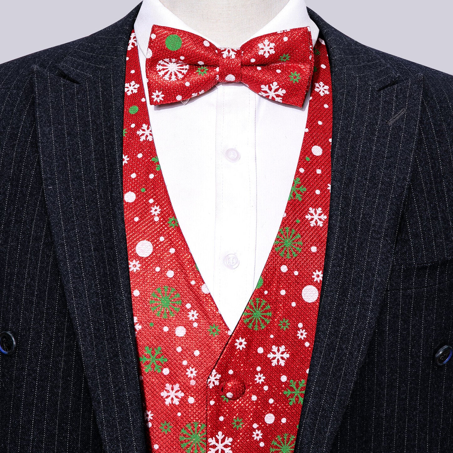 Men's Christmas Waistcoat Vintage Vest Silky Set Tuxedo Gilet Snowflakes Red