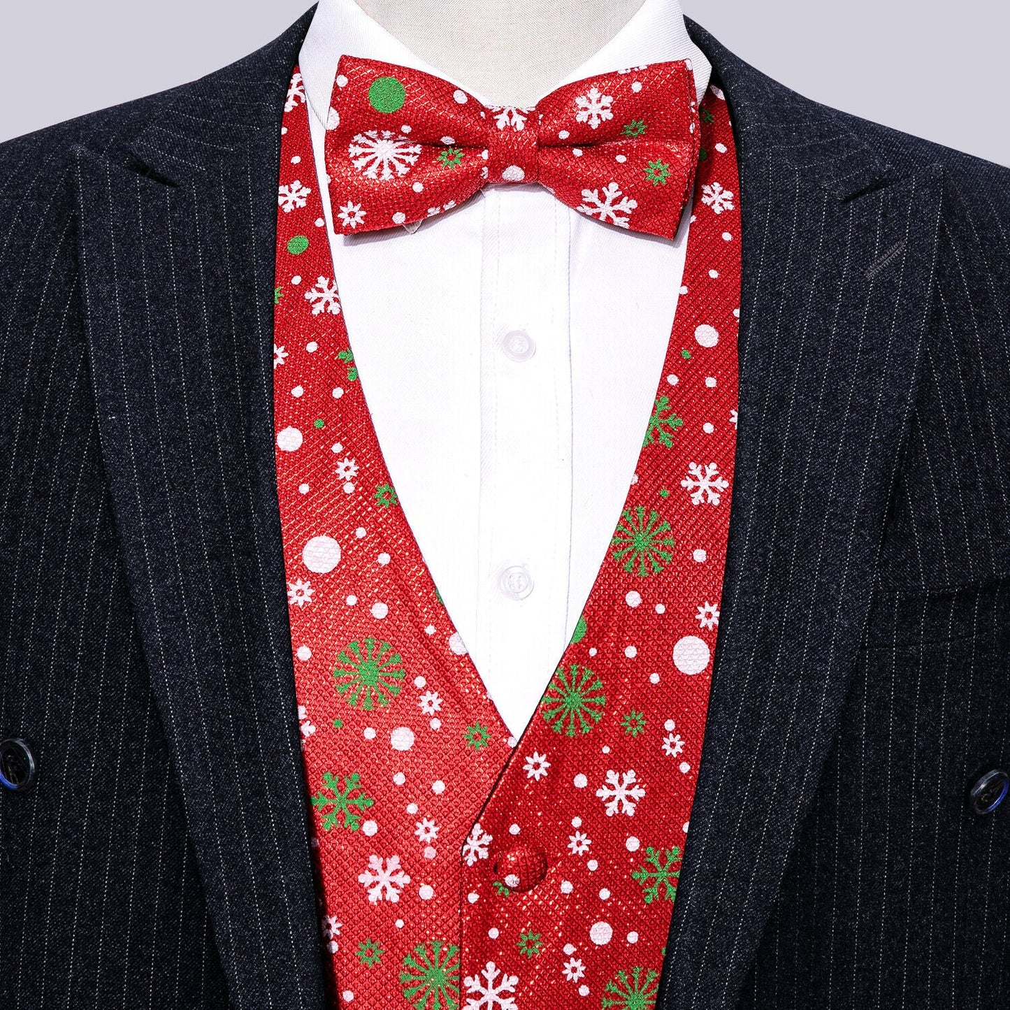Men's Christmas Waistcoat Vest Set Bowtie Snowflakes Red