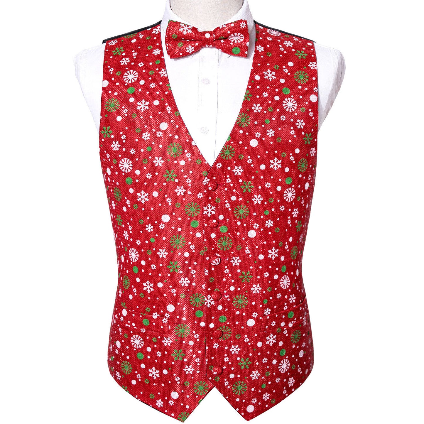 Men's Christmas Waistcoat Vintage Vest Silky Set Tuxedo Gilet Snowflakes Red