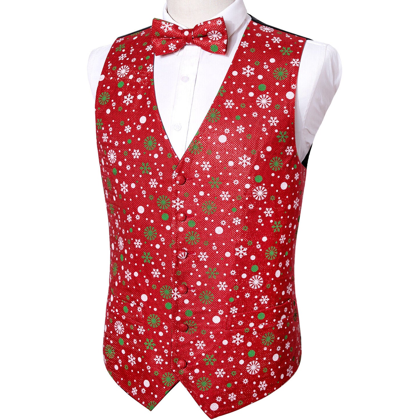 Men's Christmas Waistcoat Vintage Vest Silky Set Tuxedo Gilet Snowflakes Red