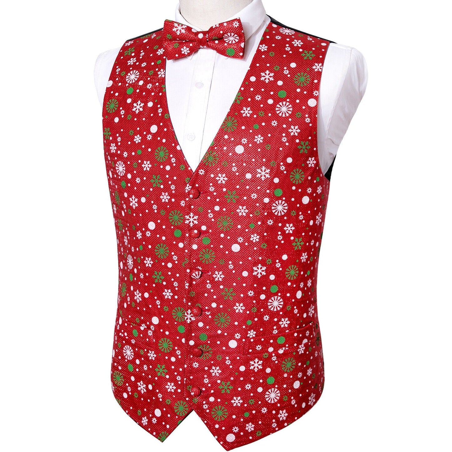 Men's Christmas Waistcoat Vest Set Bowtie Snowflakes Red