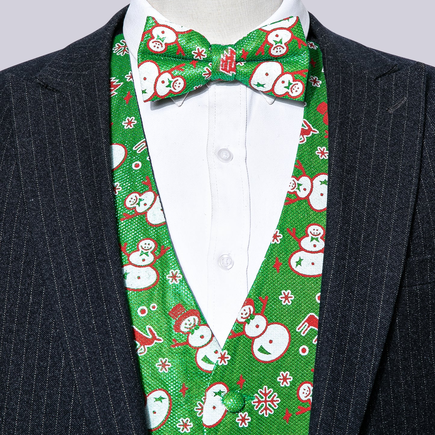 Men's Christmas Waistcoat Vintage Vest Silky Set Tuxedo Gilet Snowman Green