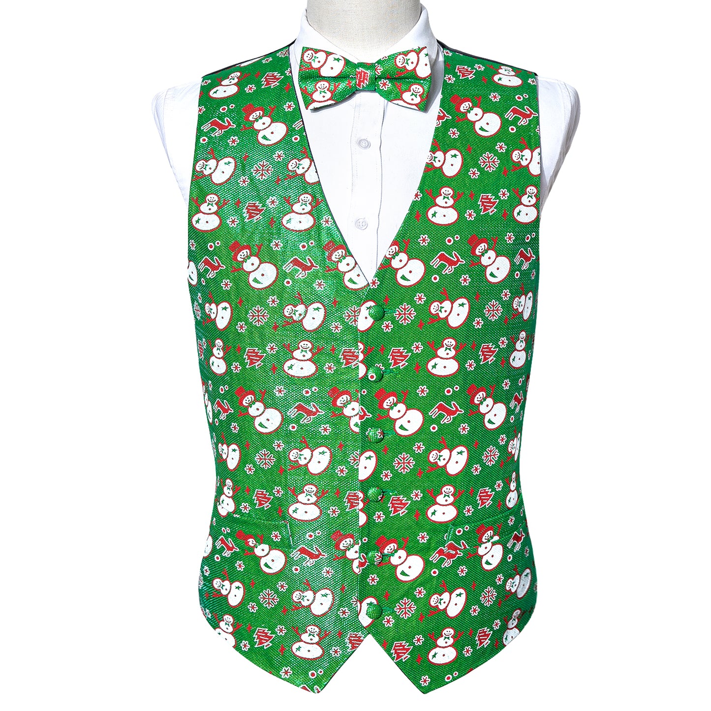 Men's Christmas Waistcoat Vintage Vest Silky Set Tuxedo Gilet Snowman Green