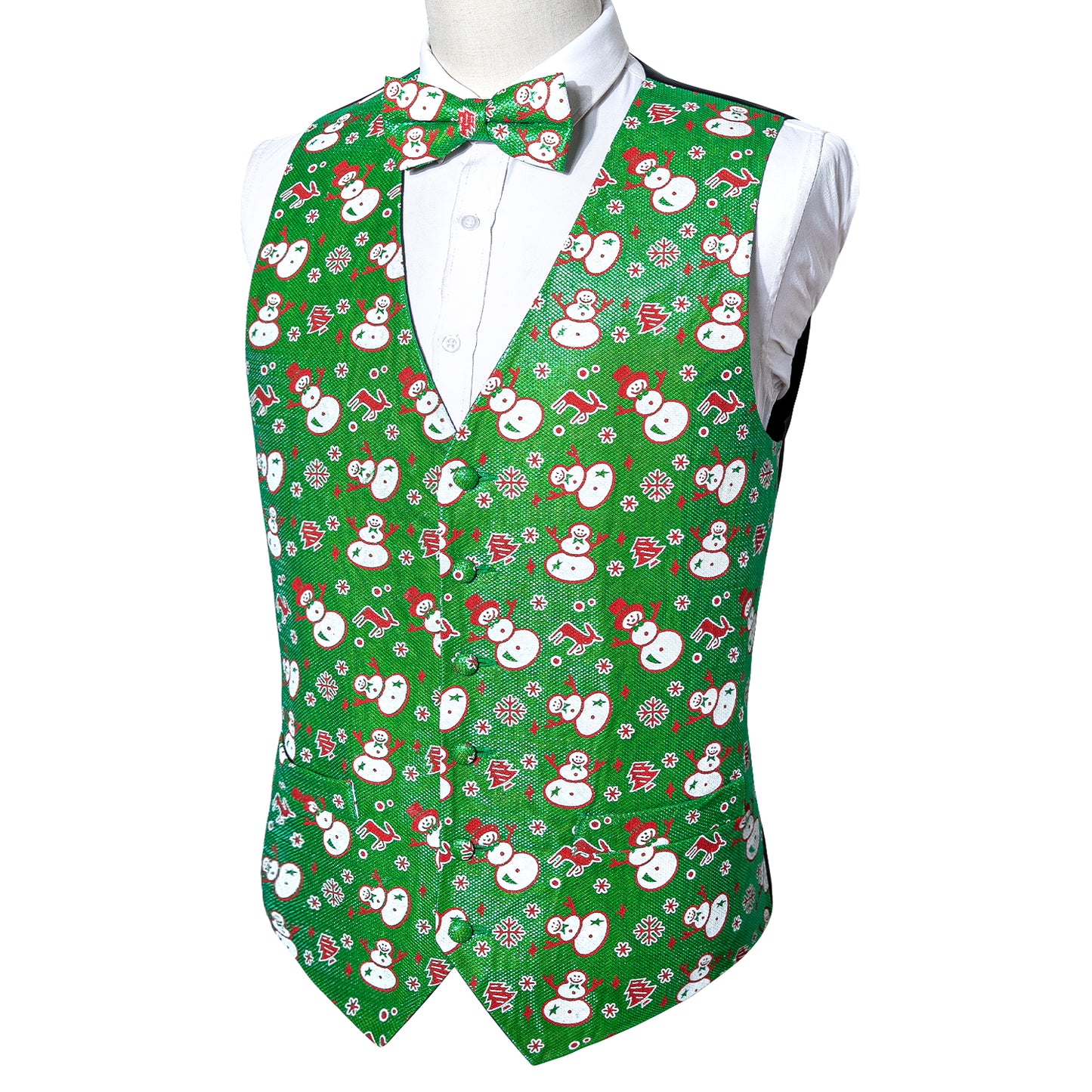 Men's Christmas Waistcoat Vintage Vest Silky Set Tuxedo Gilet Snowman Green