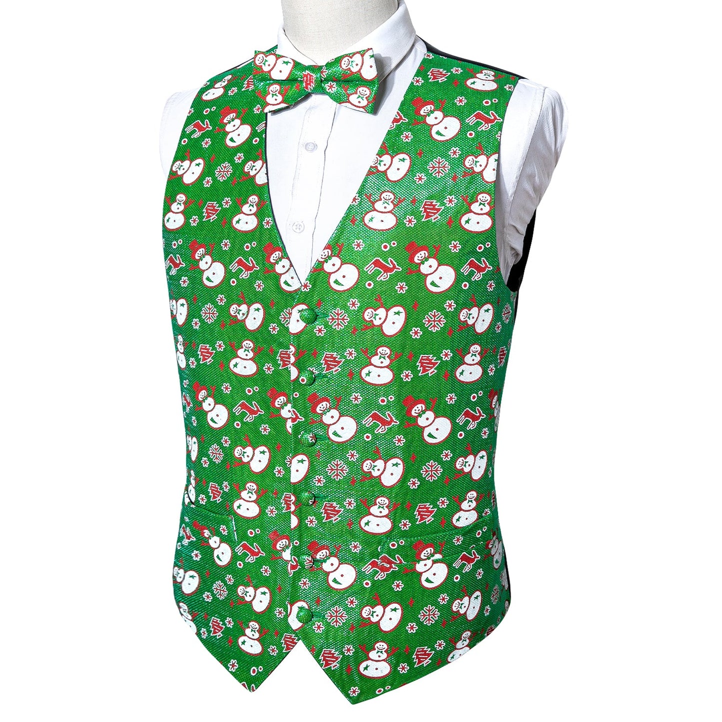 Men's Christmas Waistcoat Vest Set Bowtie Snowman Green