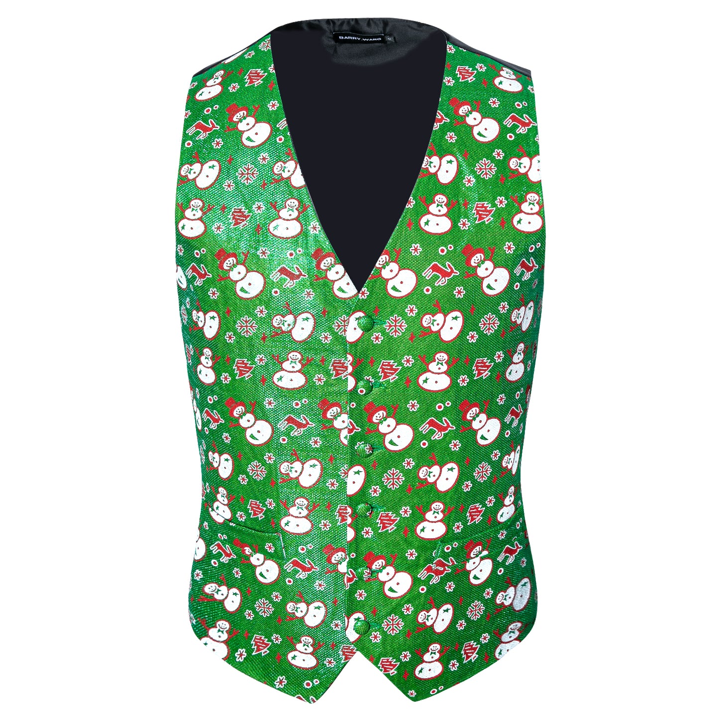 Men's Christmas Waistcoat Vintage Vest Silky Set Tuxedo Gilet Snowman Green