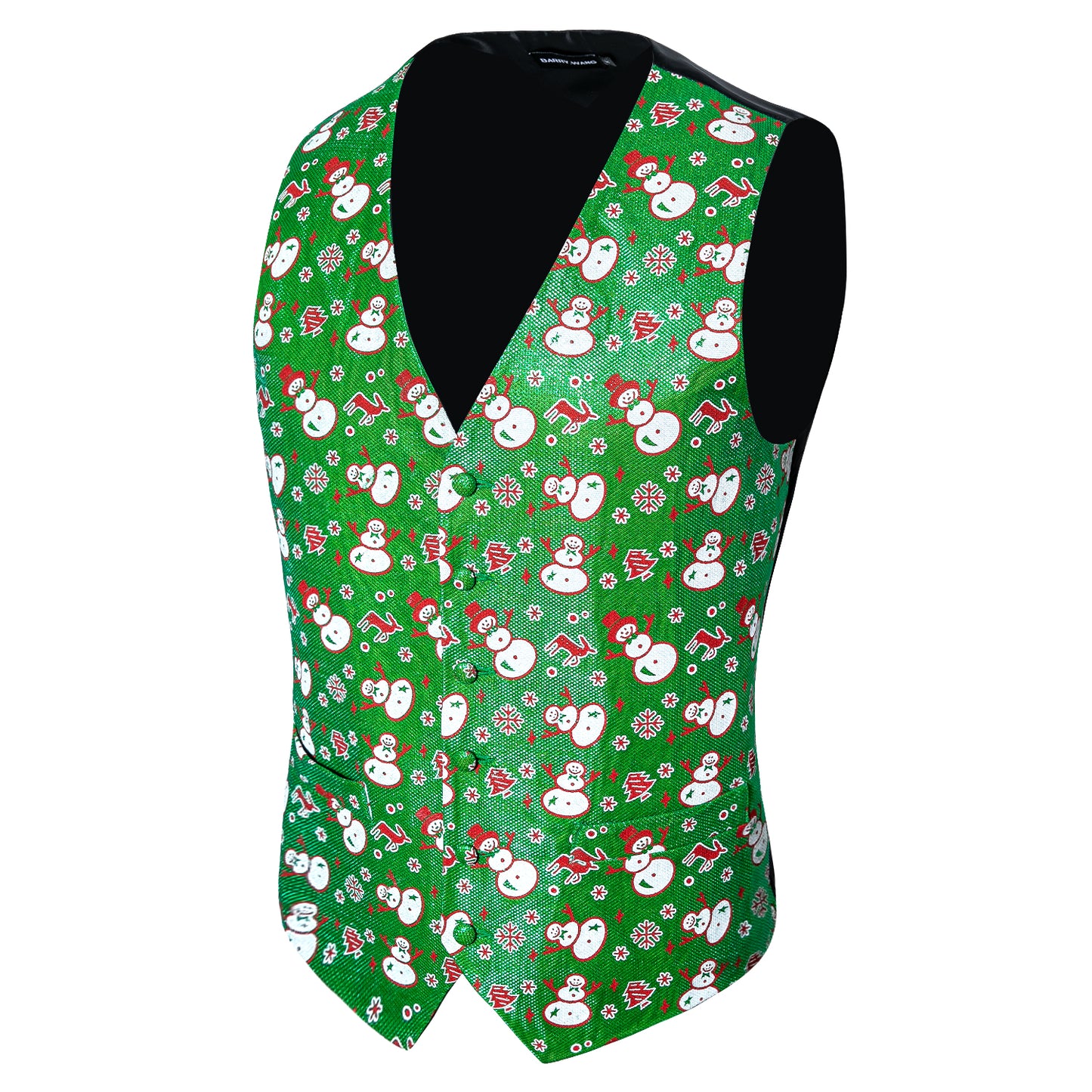 Men's Christmas Waistcoat Vintage Vest Silky Set Tuxedo Gilet Snowman Green