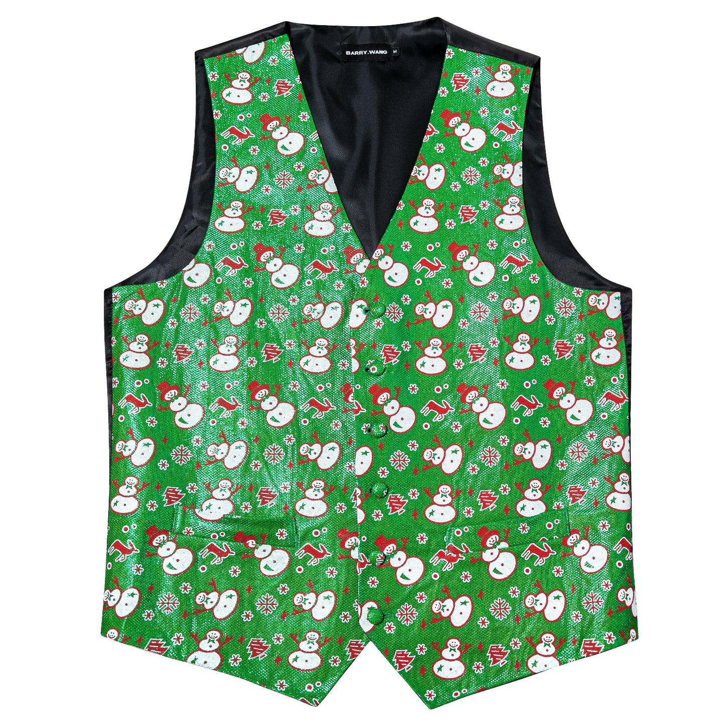 Men's Christmas Waistcoat Vintage Vest Silky Set Tuxedo Gilet Snowman Green