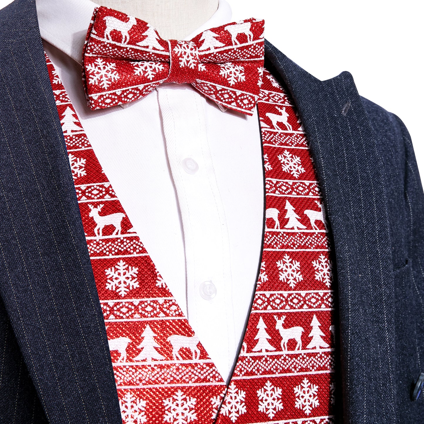 Men's Christmas Waistcoat Vintage Vest Silky Set Tuxedo Gilet Reindeer Red