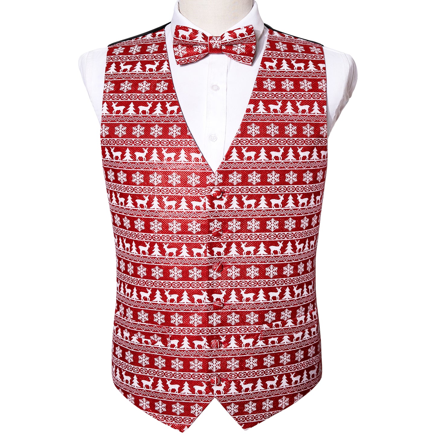 Men's Christmas Waistcoat Vintage Vest Silky Set Tuxedo Gilet Reindeer Red