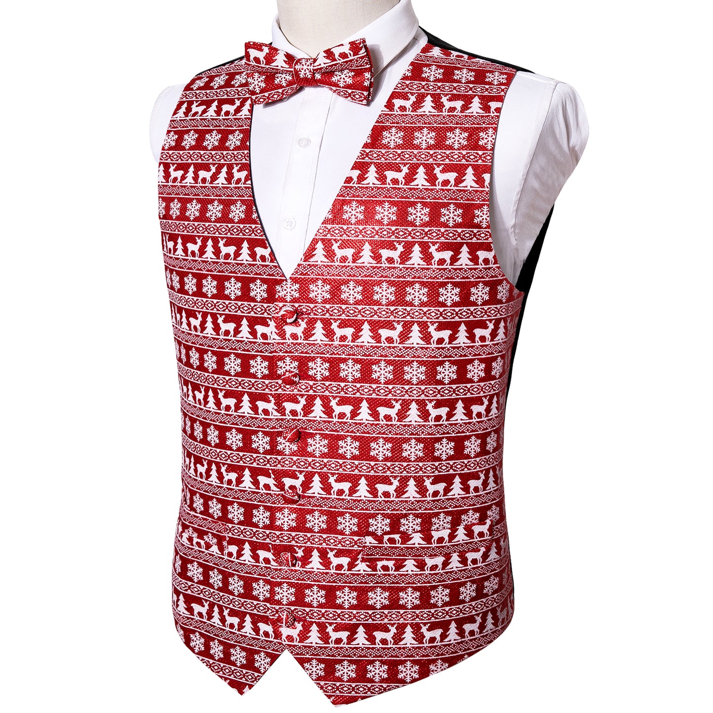 Men's Christmas Waistcoat Vintage Vest Silky Set Tuxedo Gilet Reindeer Red