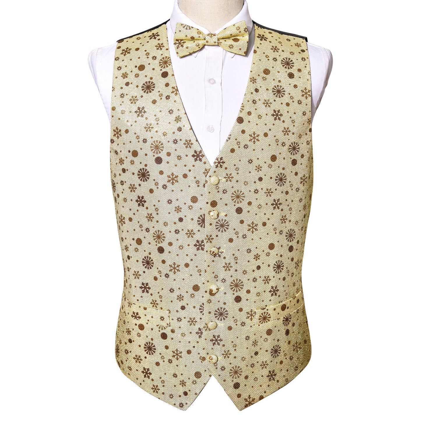 Men's Christmas Waistcoat Vintage Vest Silky Set Tuxedo Gilet Snowflakes Tan