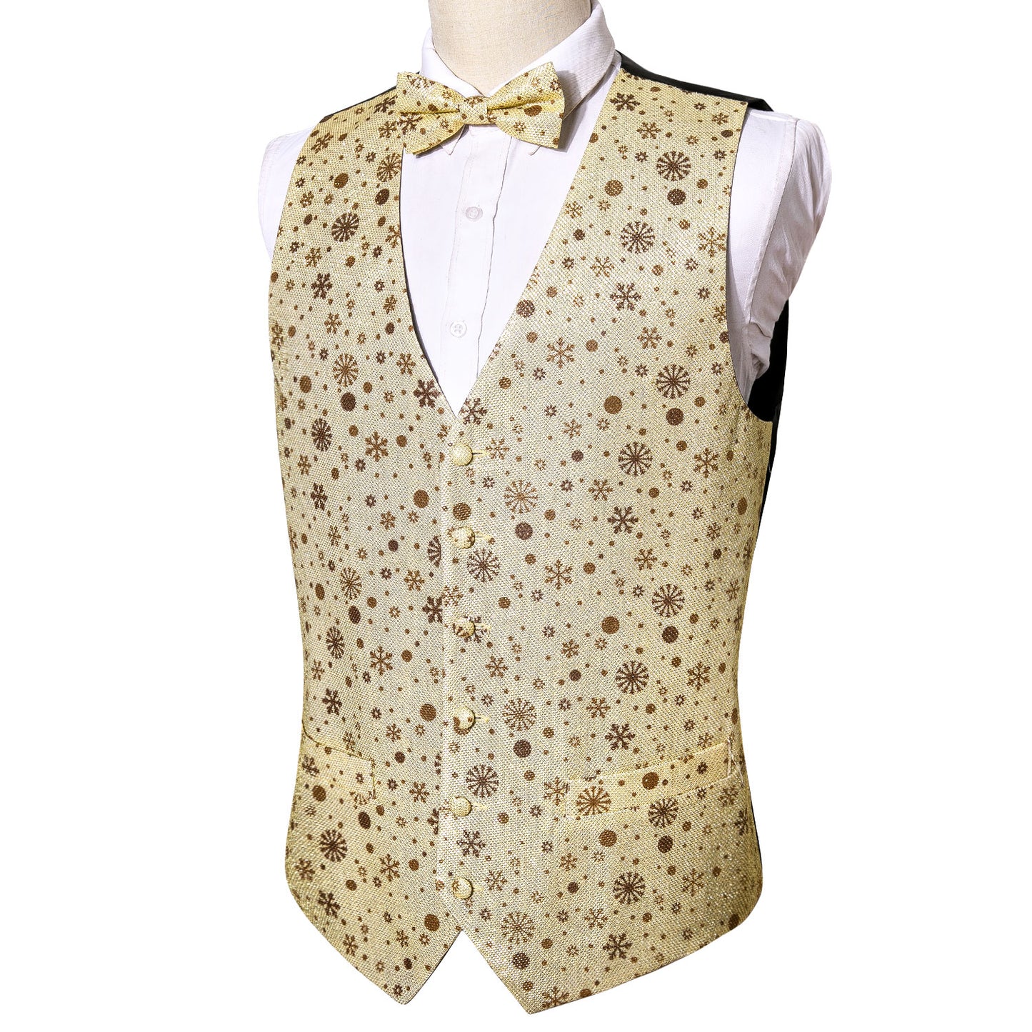 Men's Christmas Waistcoat Vintage Vest Silky Set Tuxedo Gilet Snowflakes Tan