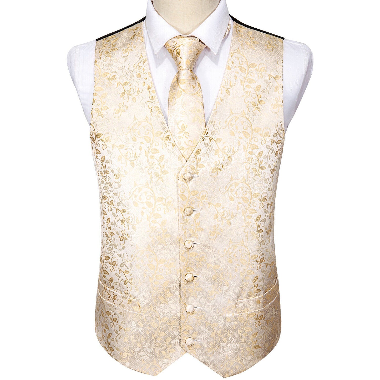 Designer Floral Waistcoat Silky Novelty Vest Creamy Bush